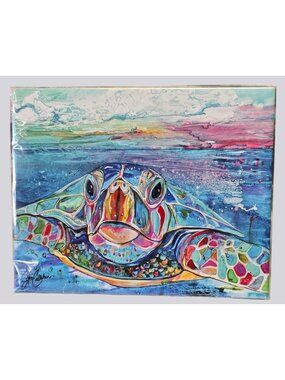 Vintage Jen Callahan "Hello Turtle" Ceramic Tile Art Signed 10" x 8" Colorful